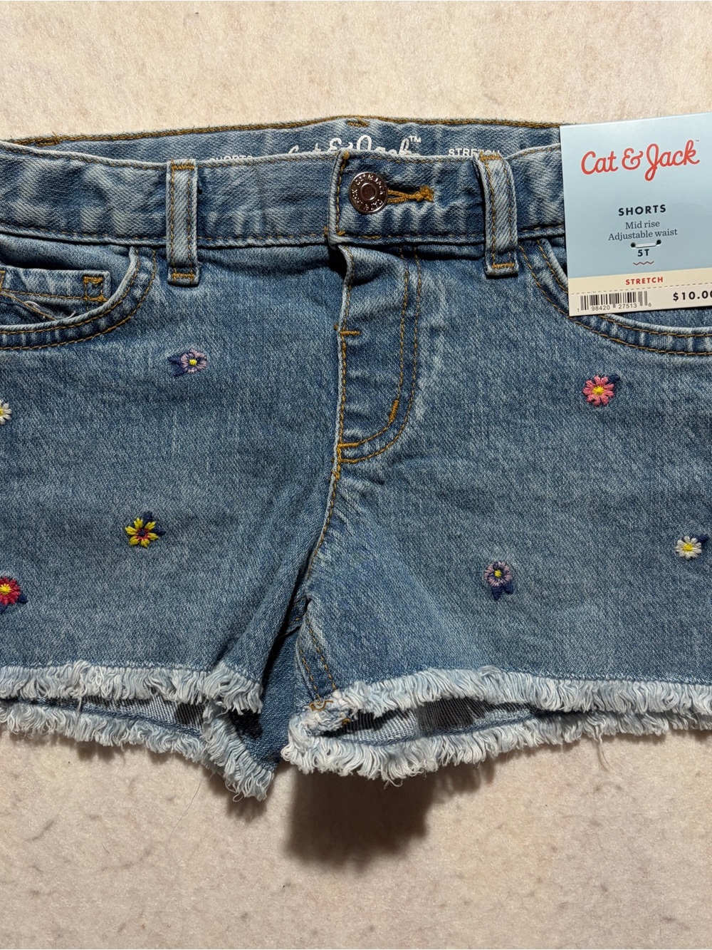 NWT- Cat & Jack Light Blue Denim Floral Embroidered Fray-Hem Shorts Child 5T